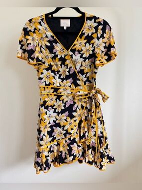 cinq a sept Silk Wrap Mini Dress with Yellow & White Floral Print